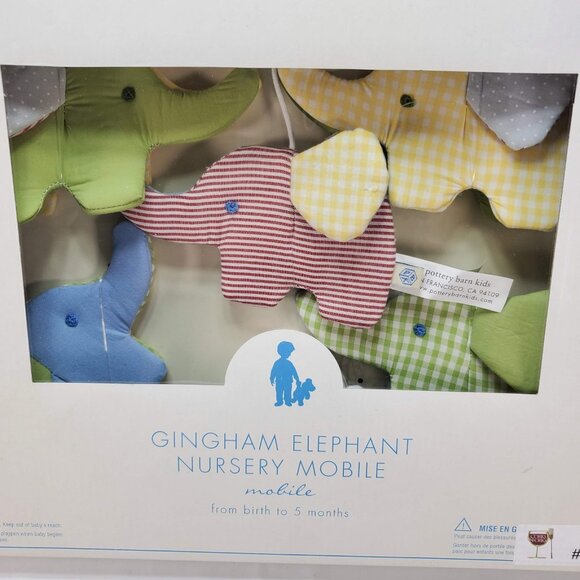 Pottery Barn Kids Nursery Baby Gingham Elephant Musical Hanging Mobile NO ARM - Picture 3 of 4